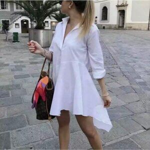 Zara Poplin Asymmetric Tunic Shirt Dress Long Sleeve White Size Large